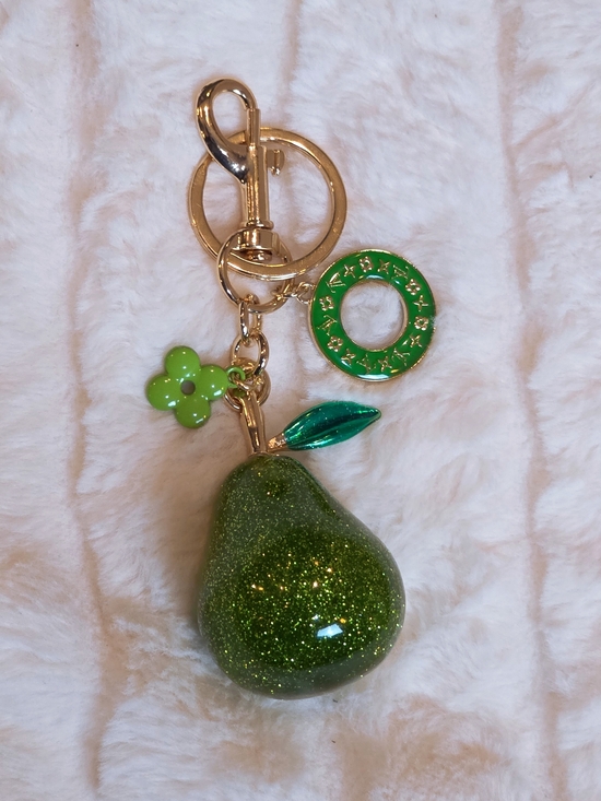 Upcycled Accessories - Green Glitter Pear Keychain Charm with Gold Hardware - Women Accessories